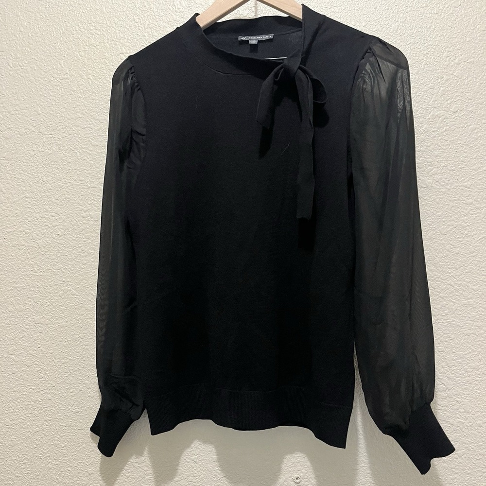 Adrianna Papell Tie Neck Puff Sheer Long Sleeve Women XS Black Preppy Whimsigoth - Picture 1 of 8